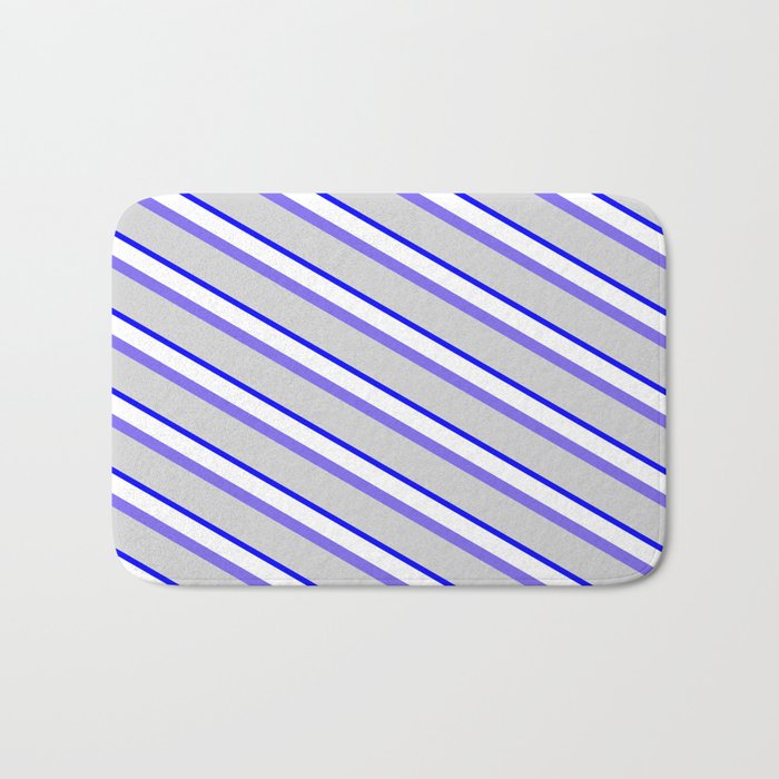 Medium Slate Blue, Light Grey, Blue & White Colored Striped/Lined Pattern Bath Mat