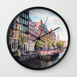 Colorful Amsterdam Canals | Europe Travel City Urban Landscape Photography Wall Clock