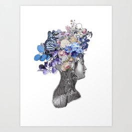 Blue floral anatomical head Art Print