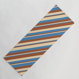 [ Thumbnail: Tan, Blue & Sienna Colored Stripes/Lines Pattern Yoga Mat ]