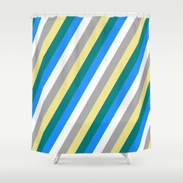 [ Thumbnail: Eye-catching Tan, Teal, Blue, White & Dark Gray Colored Striped/Lined Pattern Shower Curtain ]