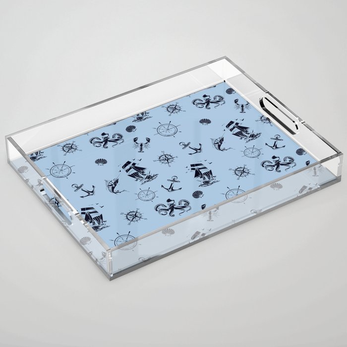 Pale Blue And Blue Silhouettes Of Vintage Nautical Pattern Acrylic Tray