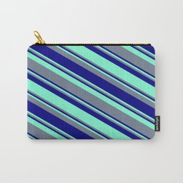 [ Thumbnail: Aquamarine, Slate Gray, and Blue Colored Pattern of Stripes Carry-All Pouch ]