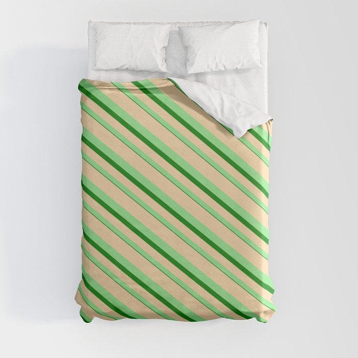 Tan, Light Green, and Green Colored Lined/Striped Pattern Duvet Cover