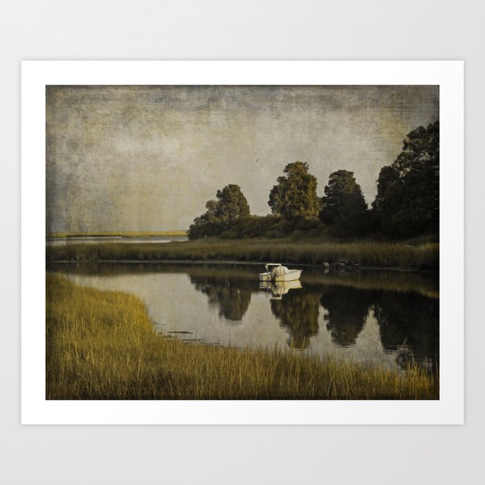 Boat at Dusk with Olive Gold and Gray Art Print