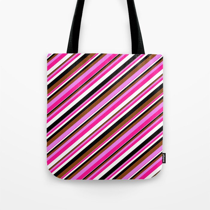 Vibrant Brown, Violet, Deep Pink, White, and Black Colored Striped Pattern Tote Bag