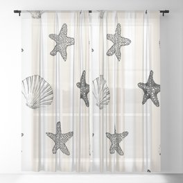 Black Seashell & Starfish on Beige and White  Sheer Curtain | Simple, Sand, Nature, Pattern, Mid Century, Graphicdesign, Ocean, Nautical, Beach, Background 