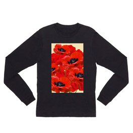 RED ORIENTAL POPPIES ON CREAM COLOR Long Sleeve T Shirt | Typography, Pattern, Poppyart, Poppyflora, Redpoppies, Digital, Acrylic, Poppy, Digital Manipulation, Redflora 