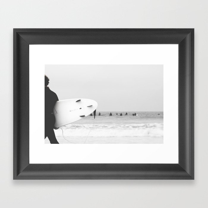 Catch a Wave - Abstract Surf Board photography - Black and White Surfer - Ocean Sea Travel photo Framed Art Print