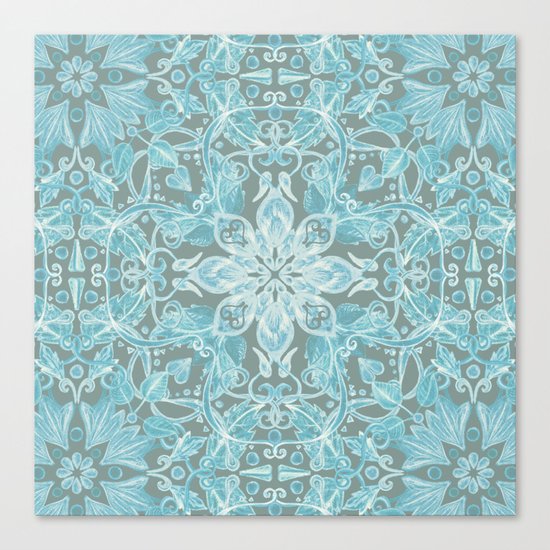 Soft Teal Blue & Grey hand drawn floral pattern Canvas Print