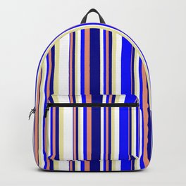 [ Thumbnail: Pale Goldenrod, White, Blue, Dark Salmon, and Dark Blue Colored Pattern of Stripes Backpack ]