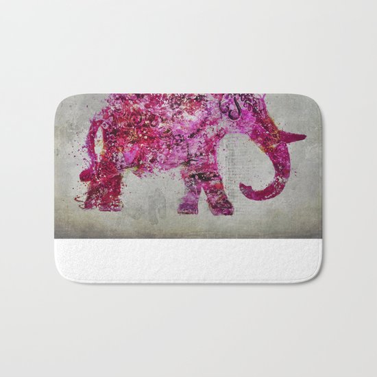 Elephant Art mixed media pink grey Bath Mat