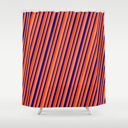 [ Thumbnail: Blue, Red & Coral Colored Lines/Stripes Pattern Shower Curtain ]