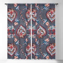 Floral Ogees in Red & Blue on Grey Blackout Curtain