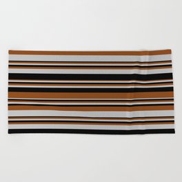 [ Thumbnail: Brown, Grey, and Black Colored Lines Pattern Beach Towel ]