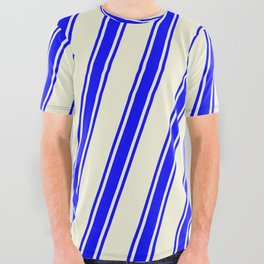 [ Thumbnail: Beige and Blue Colored Lined/Striped Pattern All Over Graphic Tee ]