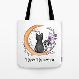 Happy Halloween cat in moon silhouette Tote Bag