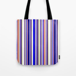 [ Thumbnail: Pale Goldenrod, White, Blue, Dark Salmon, and Dark Blue Colored Pattern of Stripes Tote Bag ]