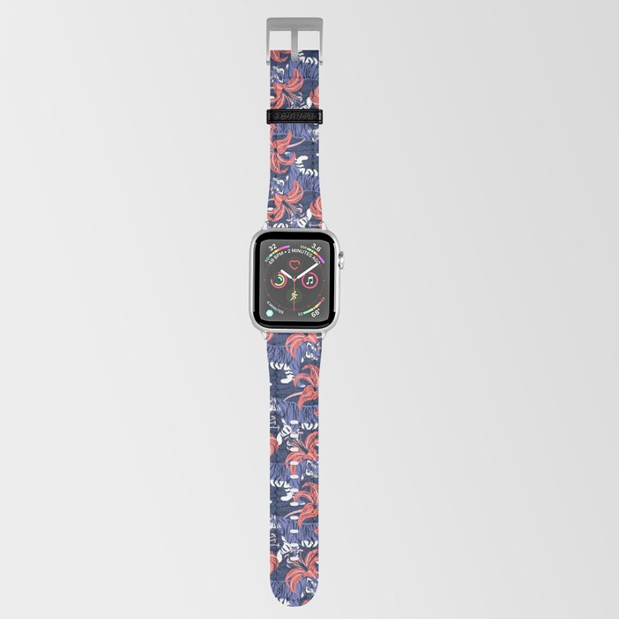 Tigers in a tiger lily garden // textured navy blue background very peri wild animals coral flowers Apple Watch Band