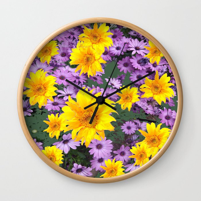 LILAC PURPLE  FLORAL ABSTRACT YELLOW FLOWERS ART Wall Clock