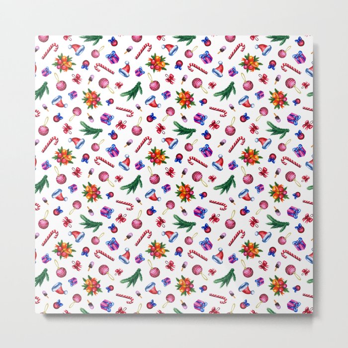 Colorful Christmas watercolor pattern on white background Metal Print