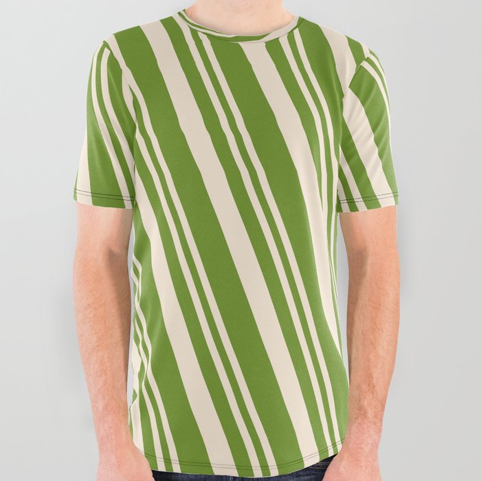 Beige & Green Colored Lines Pattern All Over Graphic Tee