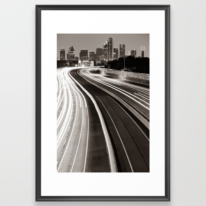 Highway Light Trails To The Dallas Skyline - Sepia Edition Framed Art Print