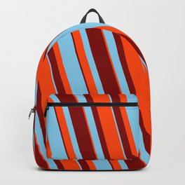 [ Thumbnail: Sky Blue, Red, and Maroon Colored Pattern of Stripes Backpack ]
