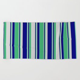 [ Thumbnail: Blue, Sea Green, and Light Grey Colored Lines/Stripes Pattern Beach Towel ]