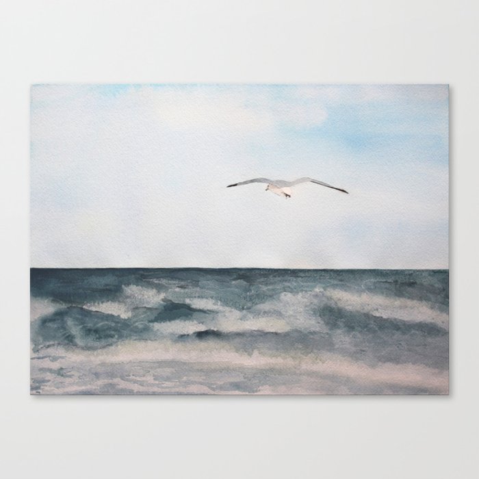Seagull flying over the Ocean Watercolor Art Canvas Print