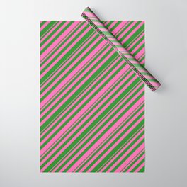 [ Thumbnail: Hot Pink and Forest Green Colored Stripes Pattern Wrapping Paper ]