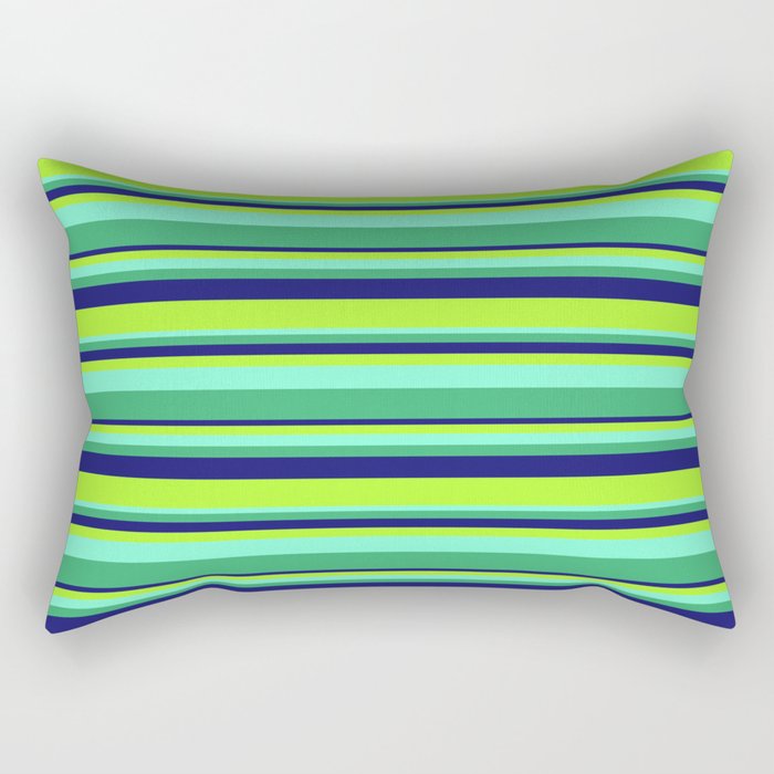 Aquamarine, Sea Green, Midnight Blue & Light Green Colored Stripes Pattern Rectangular Pillow