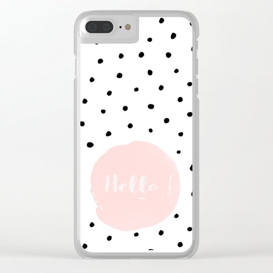 Hello! Black on white Polkadots and pink Typography Clear iPhone Case