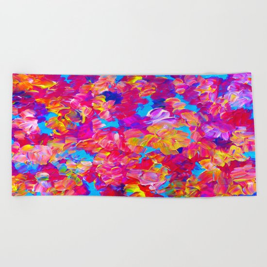 FLORAL FANTASY Bold Abstract Flowers Acrylic Textural Painting Neon Pink Turquoise Feminine Art Beach Towel