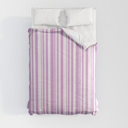 [ Thumbnail: White and Plum Colored Pattern of Stripes Comforter ]
