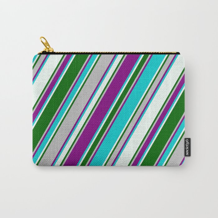 Colorful Grey, Purple, Dark Turquoise, Mint Cream & Dark Green Colored Pattern of Stripes Carry-All Pouch