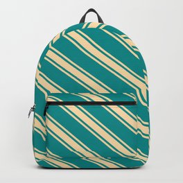 [ Thumbnail: Dark Cyan and Tan Colored Striped Pattern Backpack ]