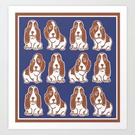 Basset Hounds Pattern in Navy and Brown Art Print | Bassethound, Dogpattern, Digital, Graphic Design, Drawing, Navyandbrown, Illustration, Other, Bassethounds, Dogprint 