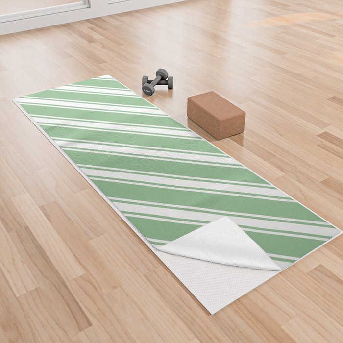 Dark Sea Green & White Colored Lines Pattern Yoga Towel