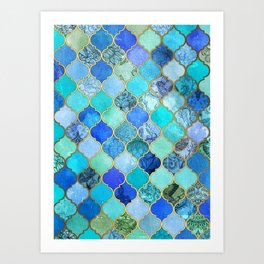 Cobalt Blue, Aqua & Gold Decorative Moroccan Tile Pattern Art Print