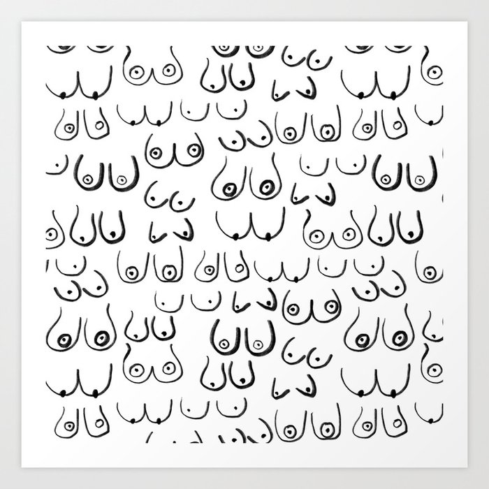 Boobs Pattern - black and white line drawing, life drawing, feminine art  Art Print