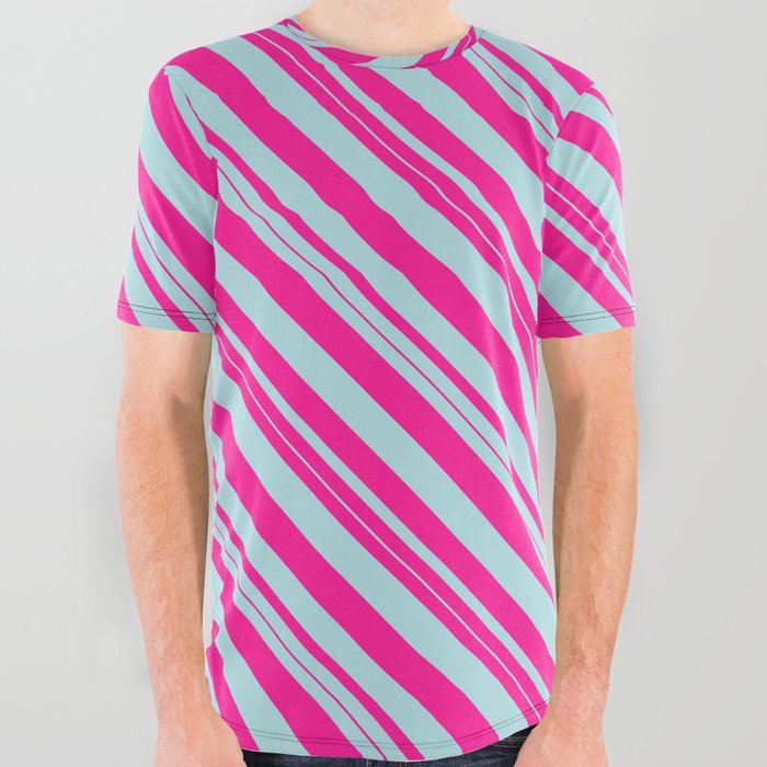 Deep Pink & Powder Blue Colored Striped Pattern All Over Graphic Tee
