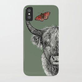 Heather the Highland Cow, Butterflies, pen and ink illustrations, green iPhone Case | Edinburgh, Ink, Horn, Detail, Coo, Heather, Highland, Cow, Scotland, Horns 