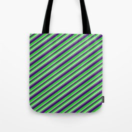[ Thumbnail: Green, Gray, Indigo, and Lime Green Colored Stripes Pattern Tote Bag ]