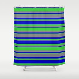 [ Thumbnail: Blue, Lime Green & Gray Colored Lined/Striped Pattern Shower Curtain ]