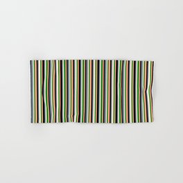[ Thumbnail: Colorful Slate Gray, Beige, Forest Green, Light Salmon & Black Colored Striped Pattern Hand & Bath Towel ]