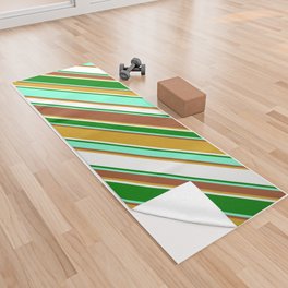 [ Thumbnail: Vibrant Aquamarine, Sienna, Goldenrod, White & Green Colored Lines/Stripes Pattern Yoga Towel ]