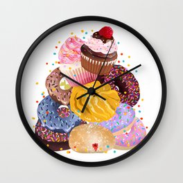 Pile of Donuts, Cupcakes Wall Clock | Digital, Pinkdonut, Chocolatedonut, Frosting, Blueberrydonut, Raspberries, Chocolatecupcake, Sweets, Kruller, Sprinkles 