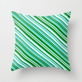 [ Thumbnail: Green, Turquoise & Light Cyan Colored Lined/Striped Pattern Throw Pillow ]