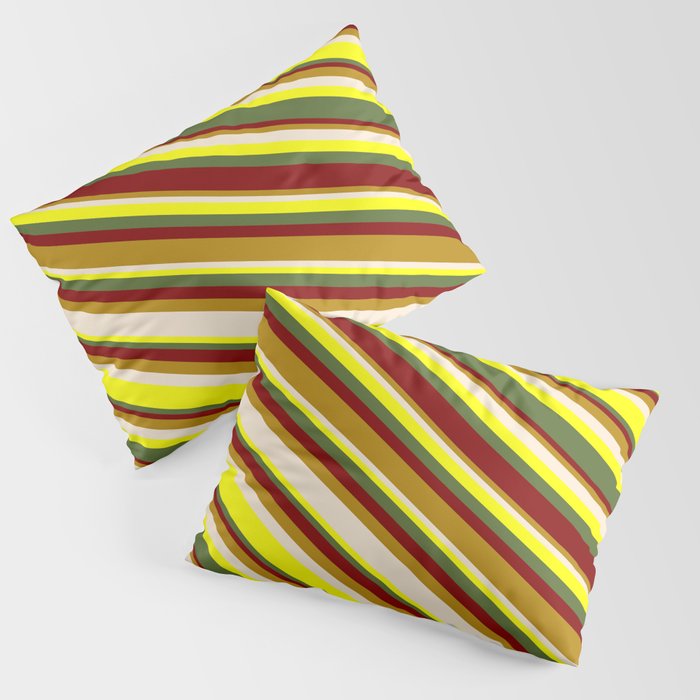 Eyecatching Maroon, Dark Goldenrod, Beige, Yellow & Dark Olive Green Colored Striped Pattern Pillow Sham